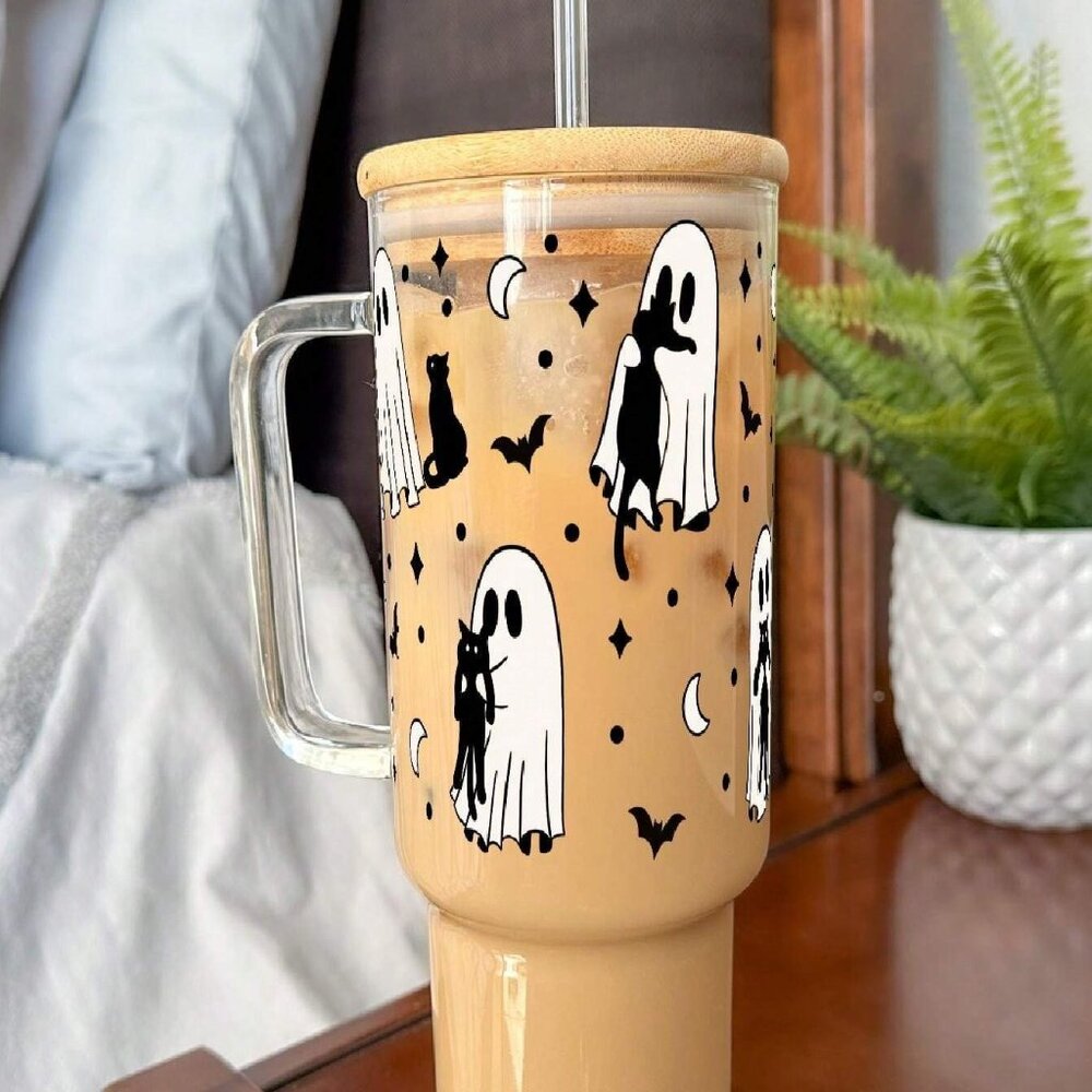 Halloween Cute Ghost and Cat 40oz Glass Tumbler, Halloween 40oz Glass Tumbler